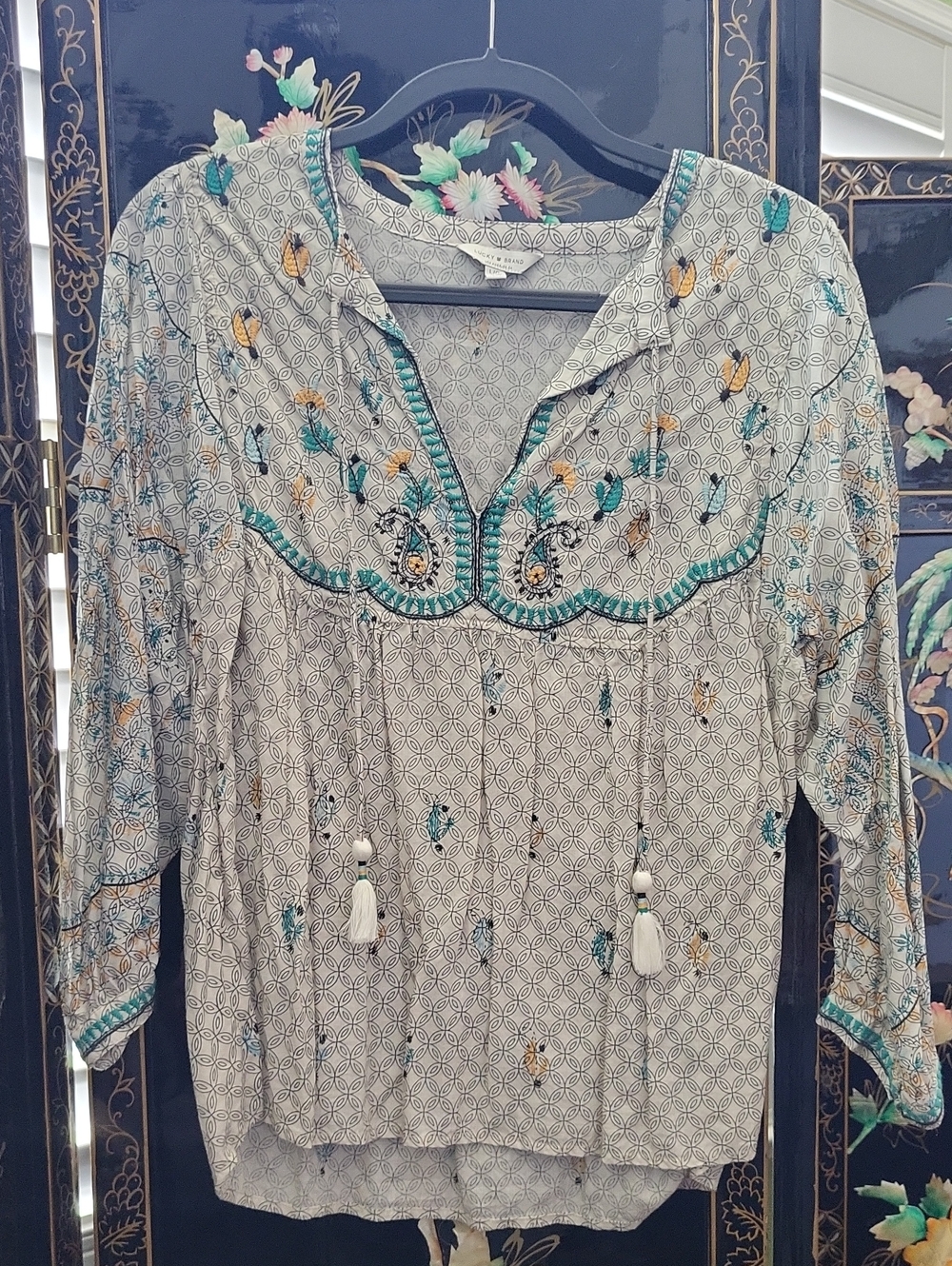 Lucky Brand Embroidered Tunic - Teal, Mustard & Cream
